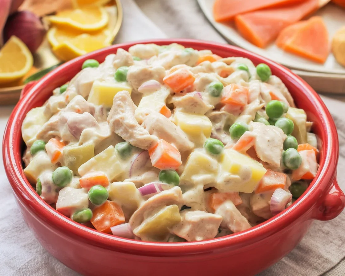 Ensaladilla Rusa, ensalada española de patatas, zanahorias y guisantes en aderezo cremoso.