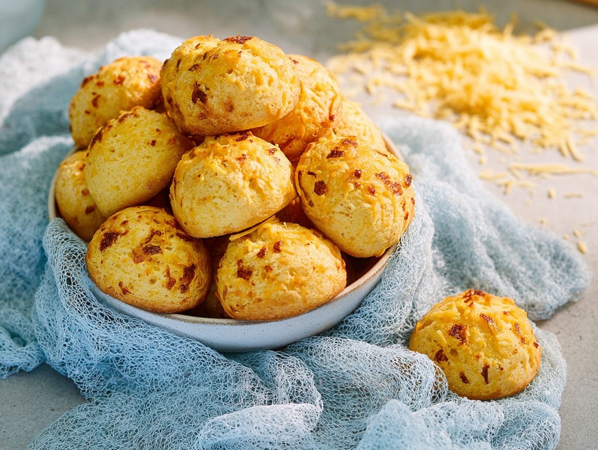 Pan de yuca con queso, un pan colombiano típico y delicioso hecho con almidón de yuca.