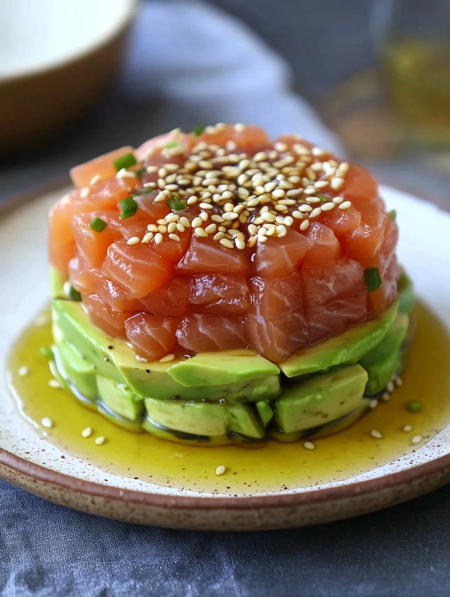 Tartar de atún rojo fresco con aguacate, decorado con hierbas y sésamo.