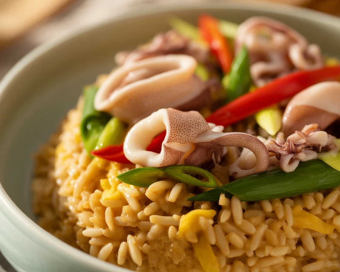 Calamares con arroz, plato casero lleno de sabor marinero