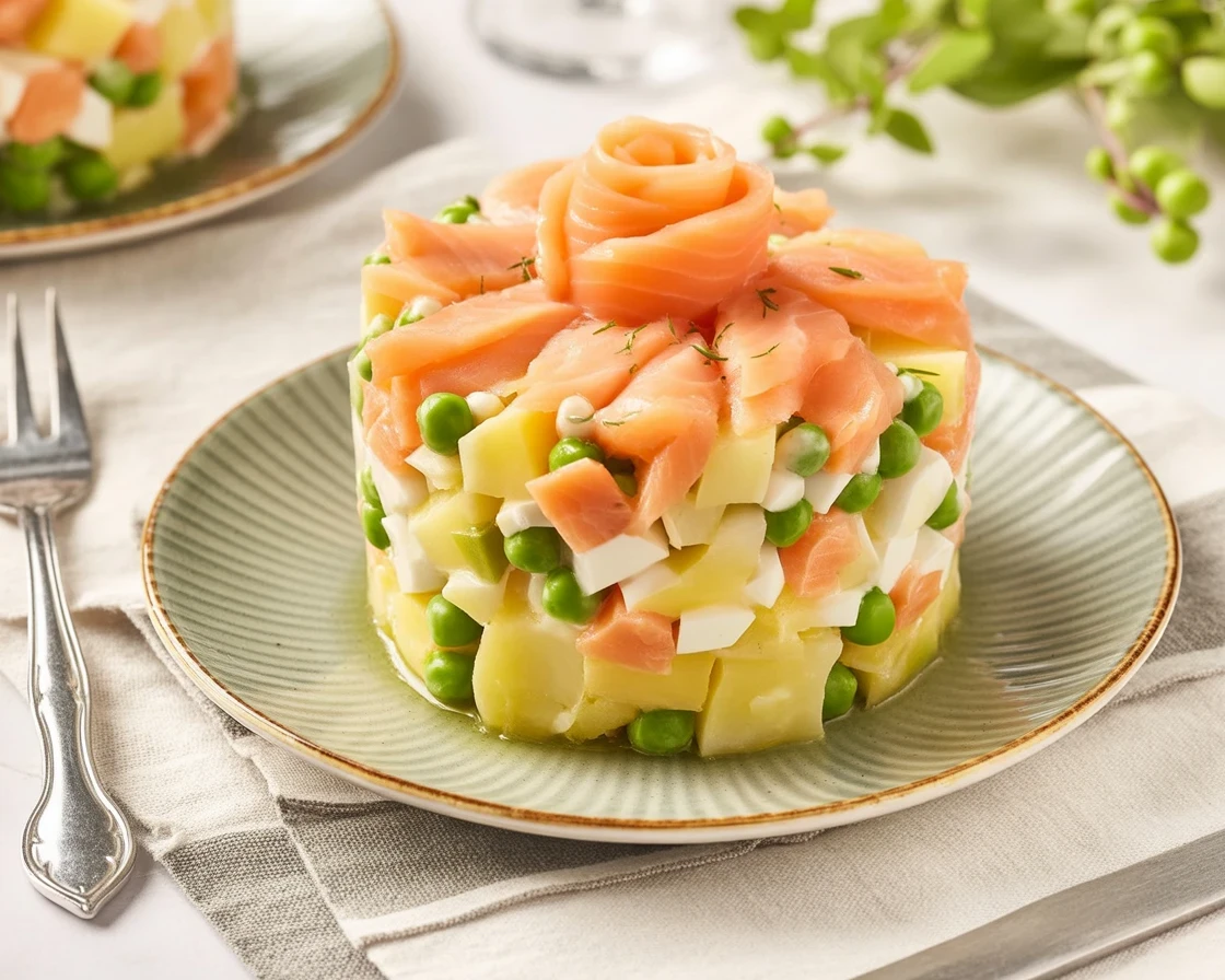 Ensaladilla de salmón ahumado con patatas y verduras frescas