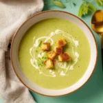 Plato de crema de calabacín con ingredientes frescos y saludables.