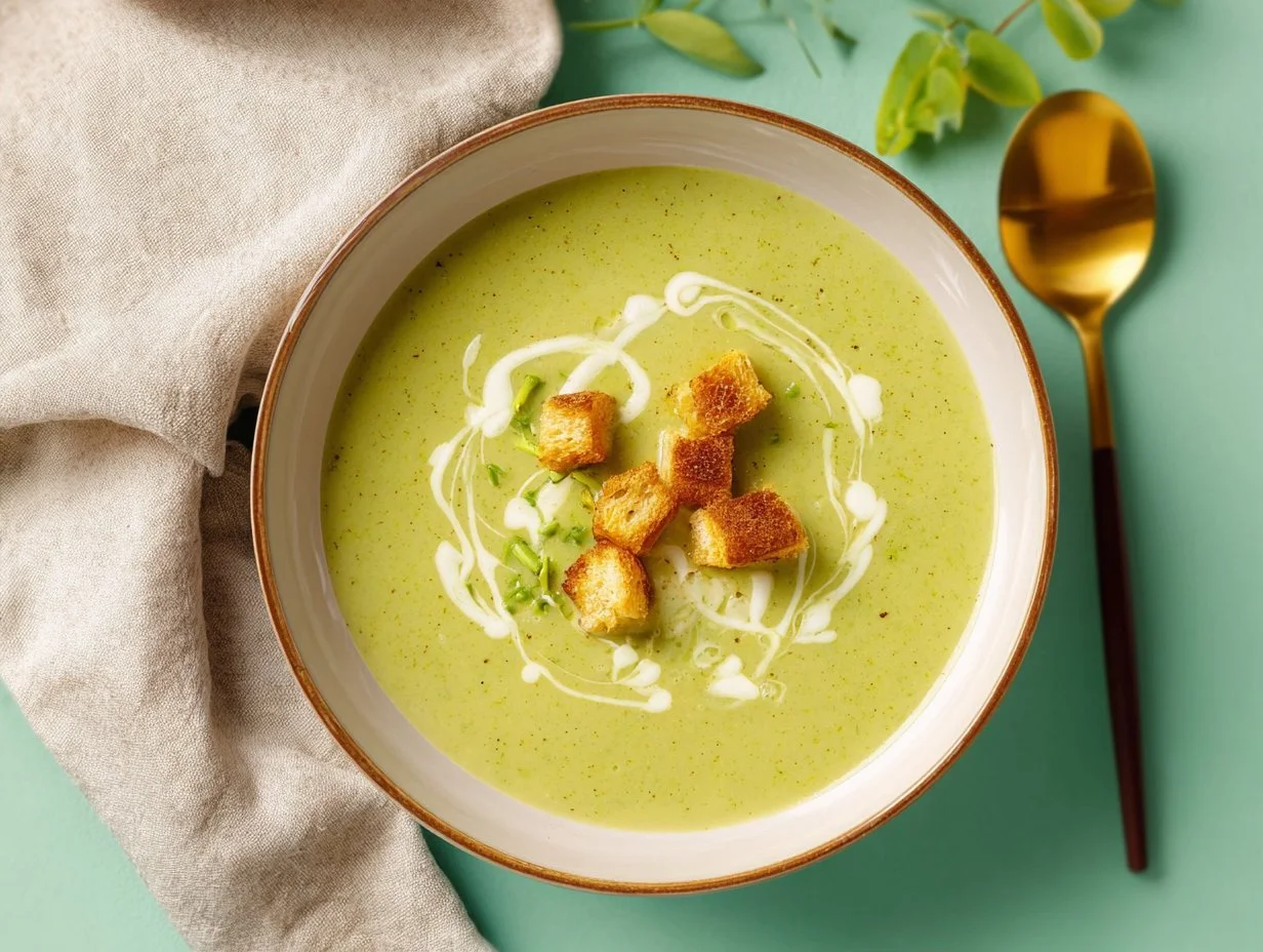 Plato de crema de calabacín con ingredientes frescos y saludables.