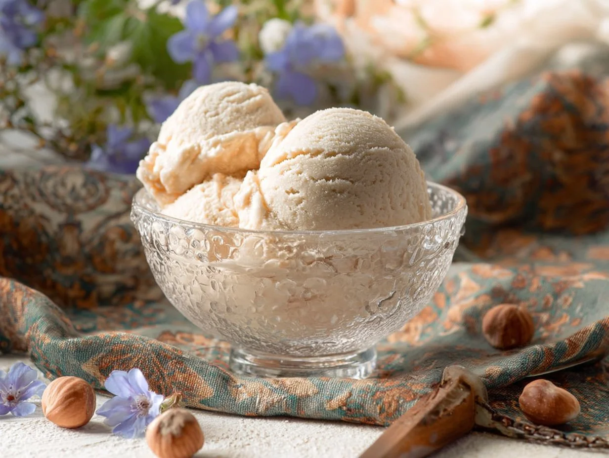 Helado de avellana casero en un tazón, ideal para disfrutar en verano.