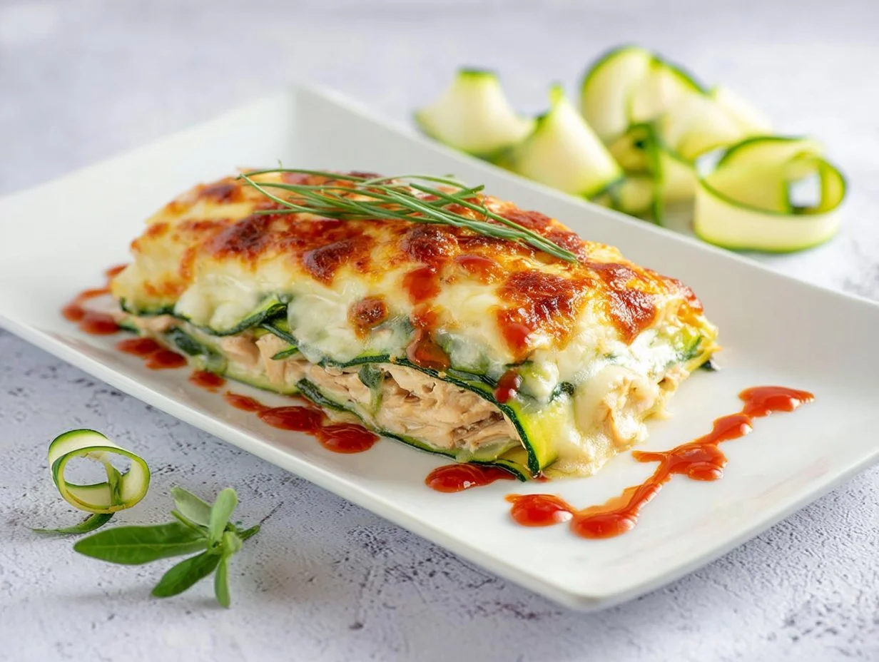 Deliciosa lasaña de calabacín con queso y carne picada, fácil y rápida de preparar.