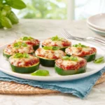 Mini pizzas de calabacín recién horneadas con salsa de tomate y queso.