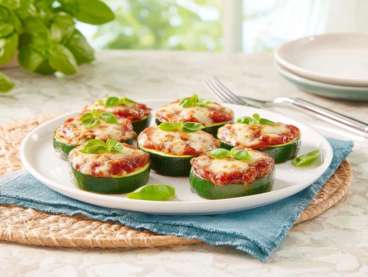 Mini pizzas de calabacín recién horneadas con salsa de tomate y queso.