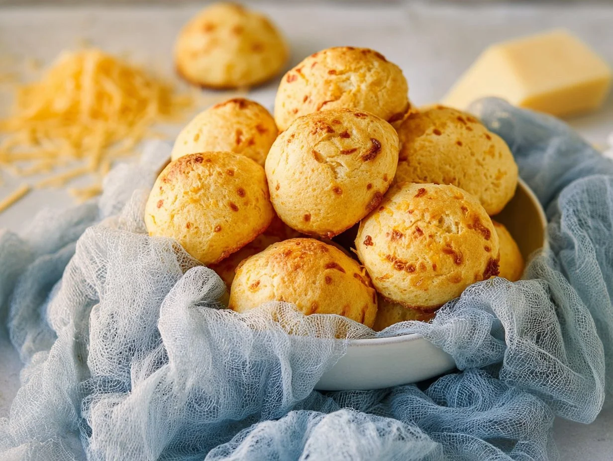 Pan de yuca con queso, un pan colombiano típico y delicioso hecho con almidón de yuca.