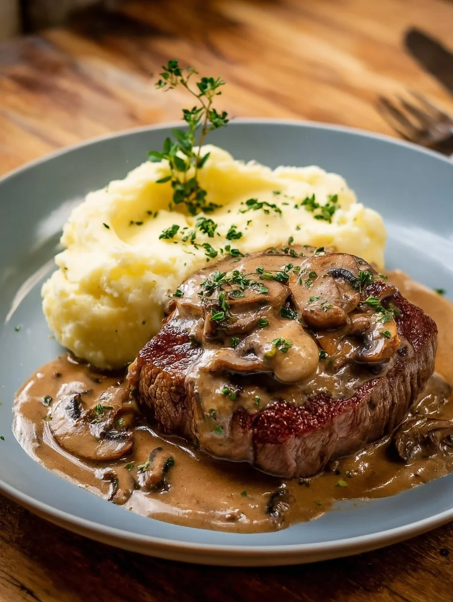 Bistec Jugoso con Salsa Cremosa, servido con guarnición fresca