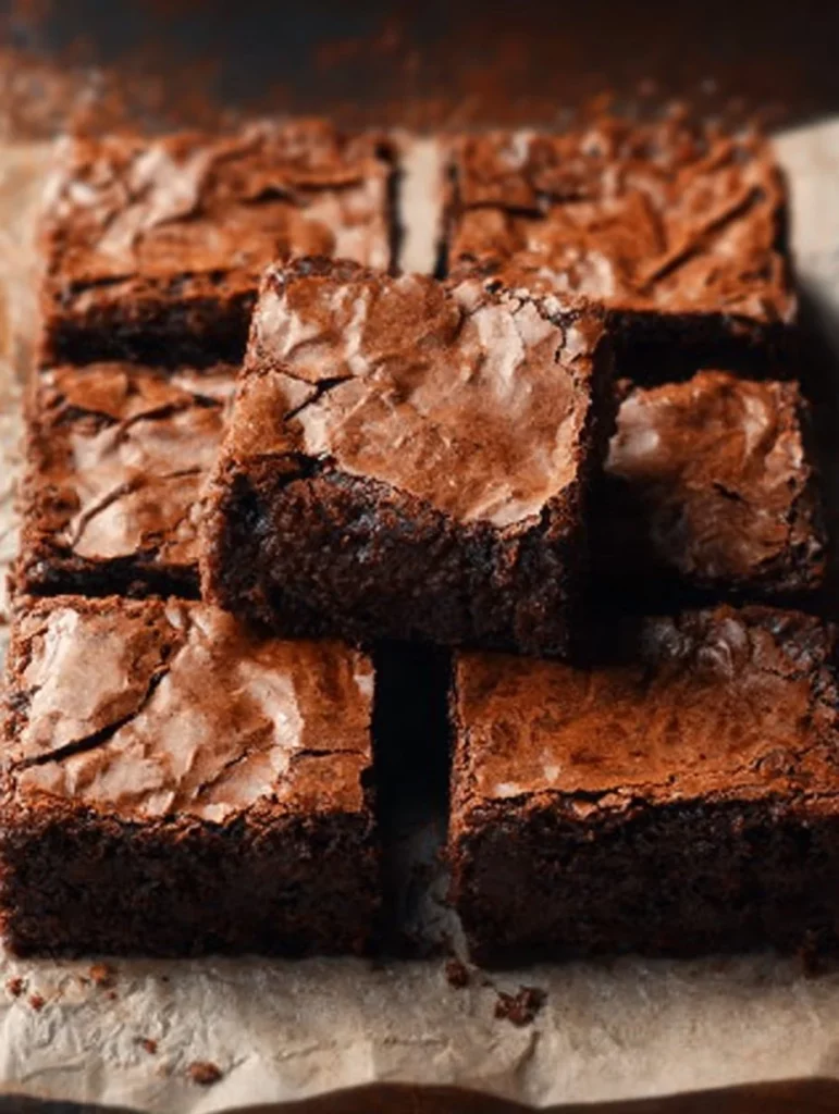 Brownie de chocolate recién horneado con trozos de nuez y chocolate derretido