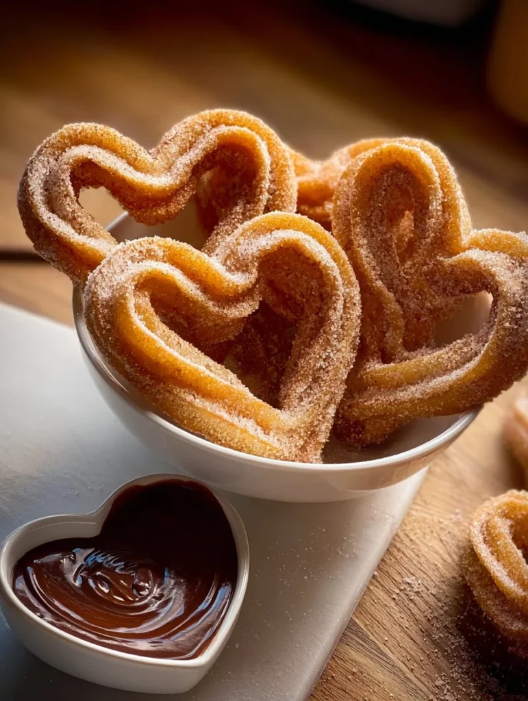 Churros fáciles de corazón recién horneados, dulces y crujientes.