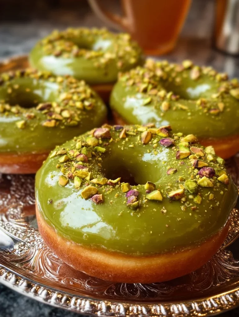Donut de pistacho decorado con agua de rosa y toppings deliciosos