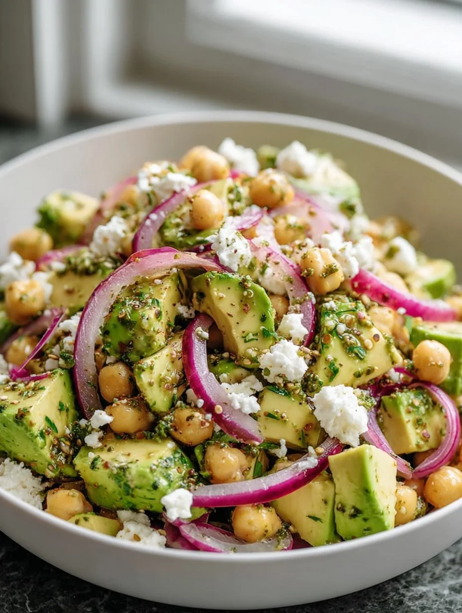 Ensalada de garbanzos, feta y aguacate en un plato colorido