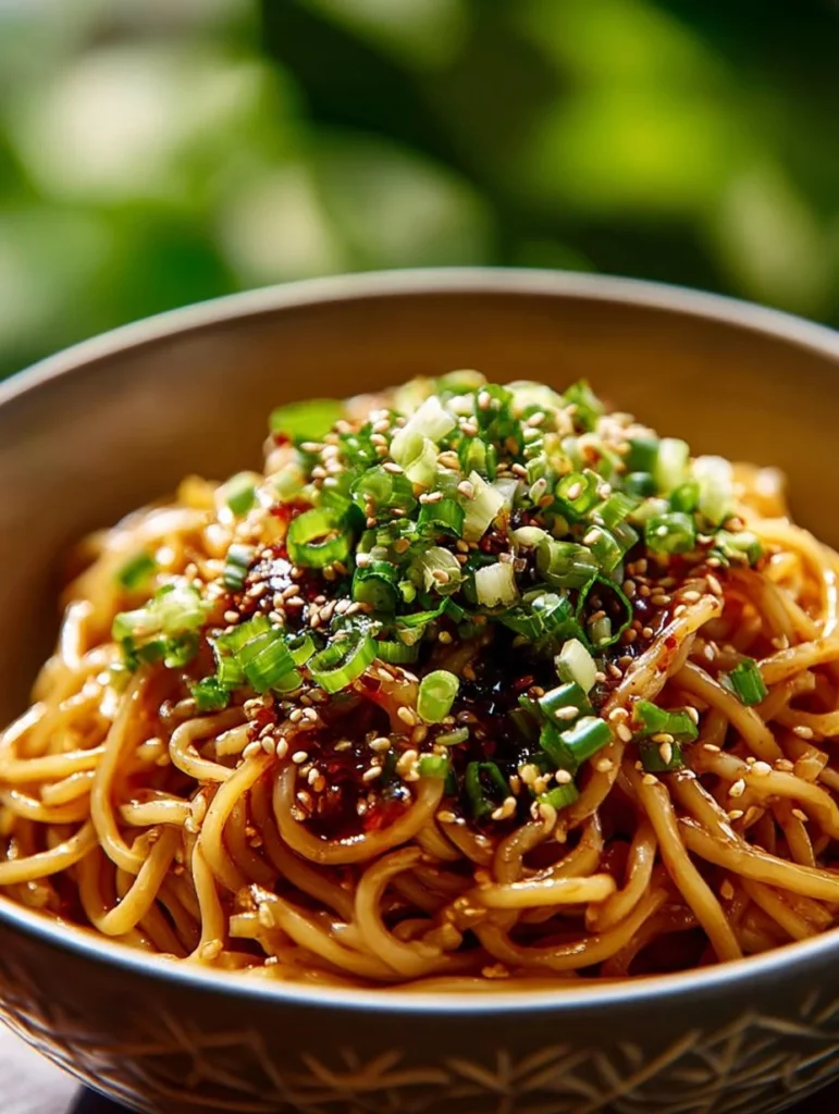 Fideos picantes al ajo al estilo coreano servidos en un plato colorido.
