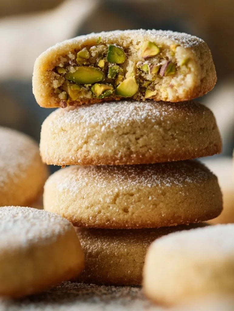 Galletas de mantequilla de pistacho recién horneadas en un plato