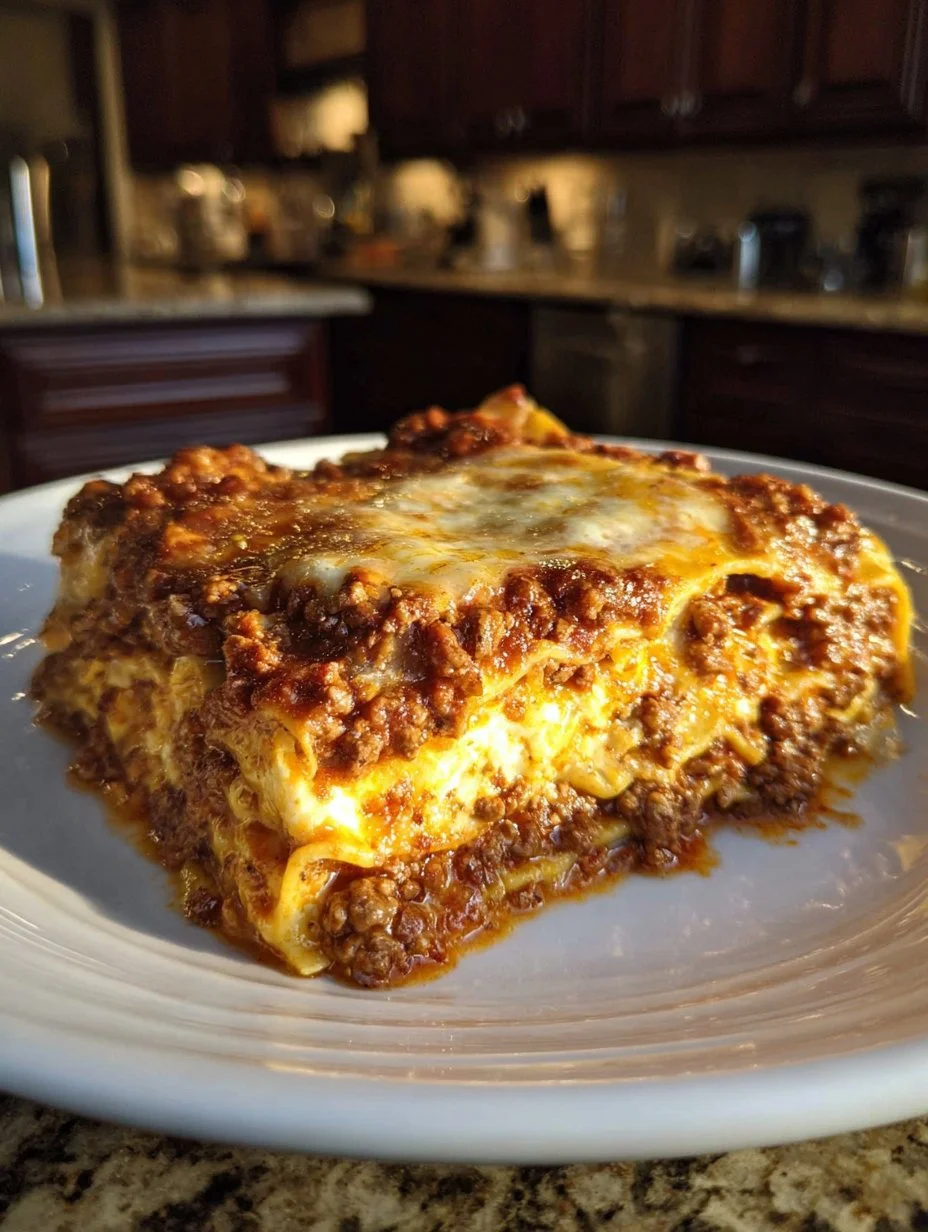 Plato de lasaña casera recién horneada, lista para servir