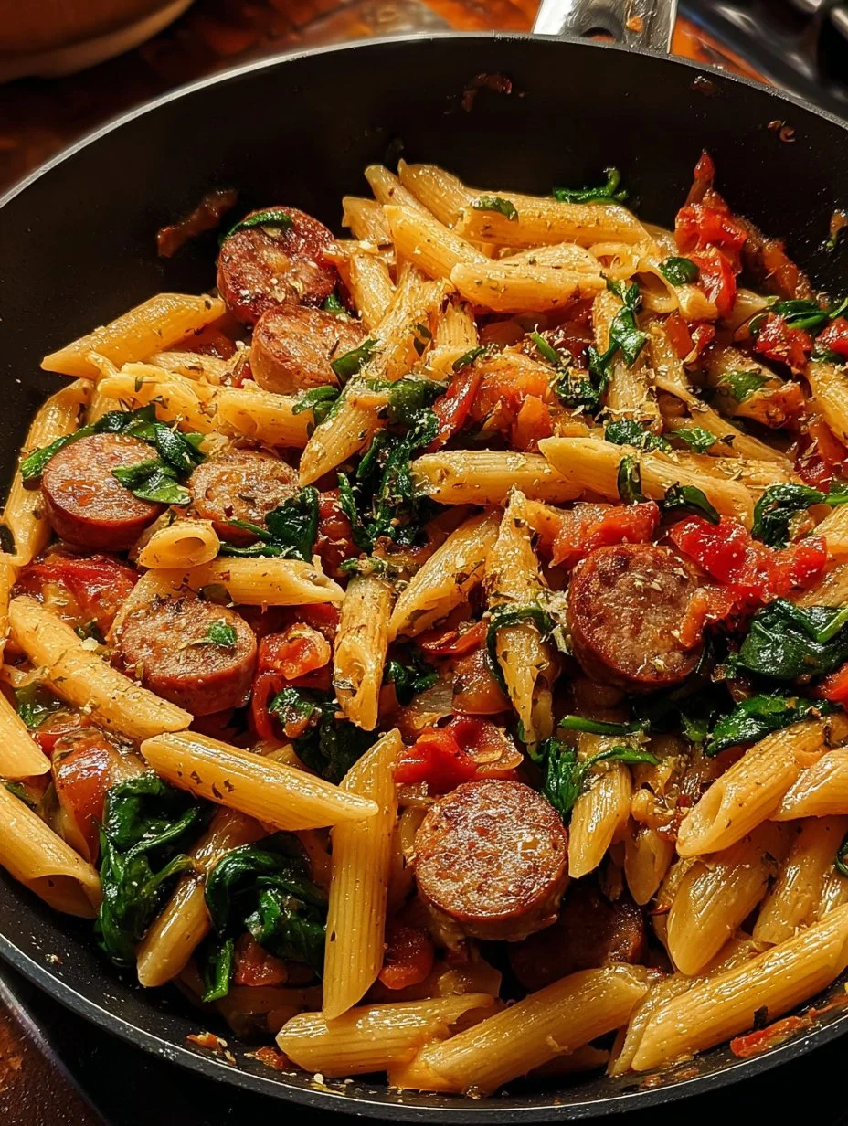 Plato de Pasta con Salchichas Cajún servido con hierbas frescas