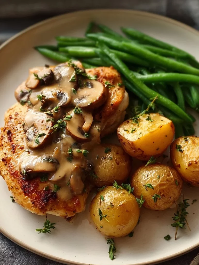 Pollo en salsa de vino blanco servido en un plato con guarnición