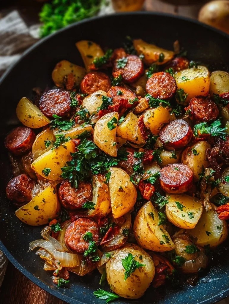 Plato de salchichas con patatas en sartén, comida casera deliciosa