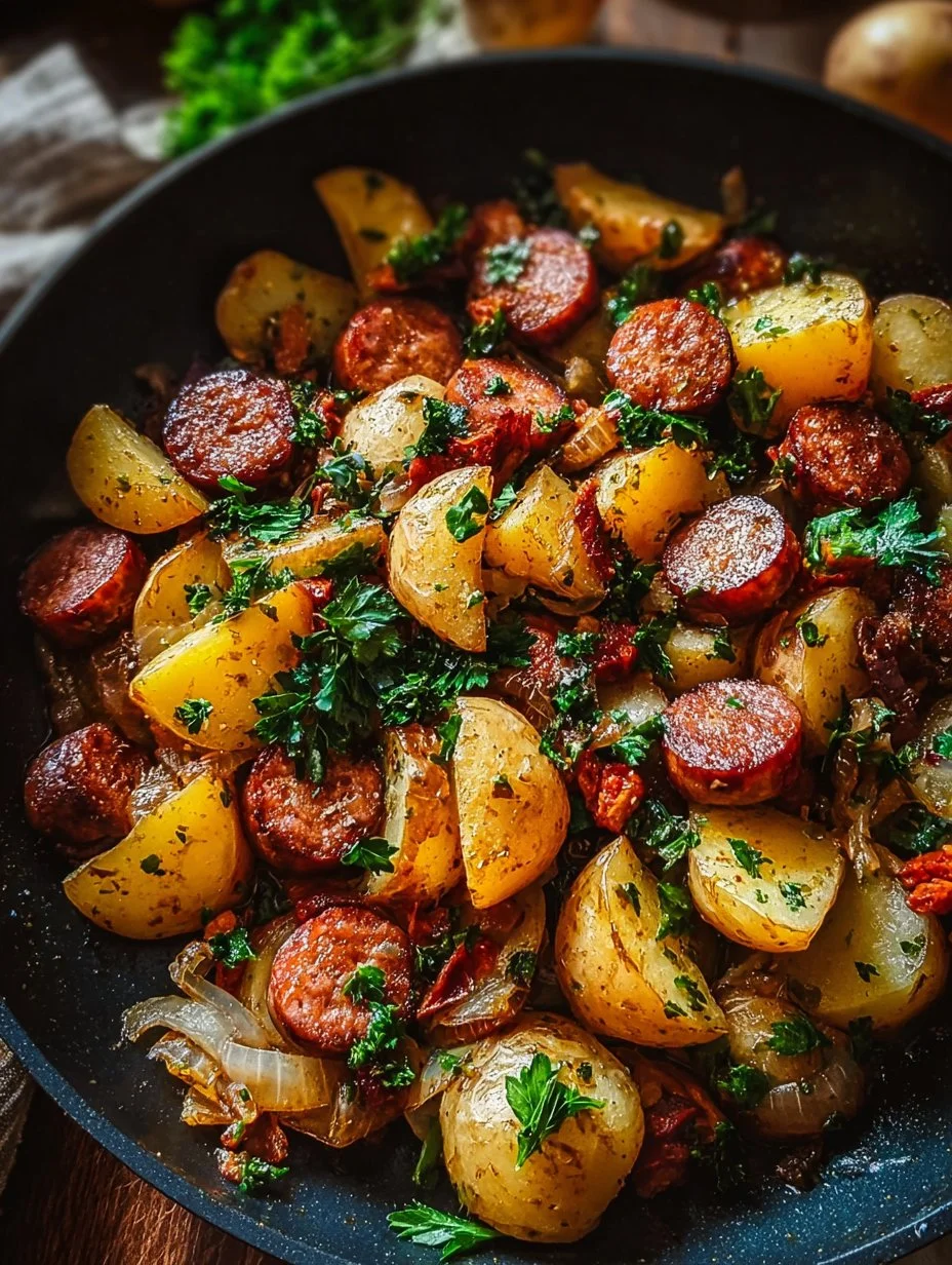 Plato de salchichas con patatas en sartén, comida casera deliciosa