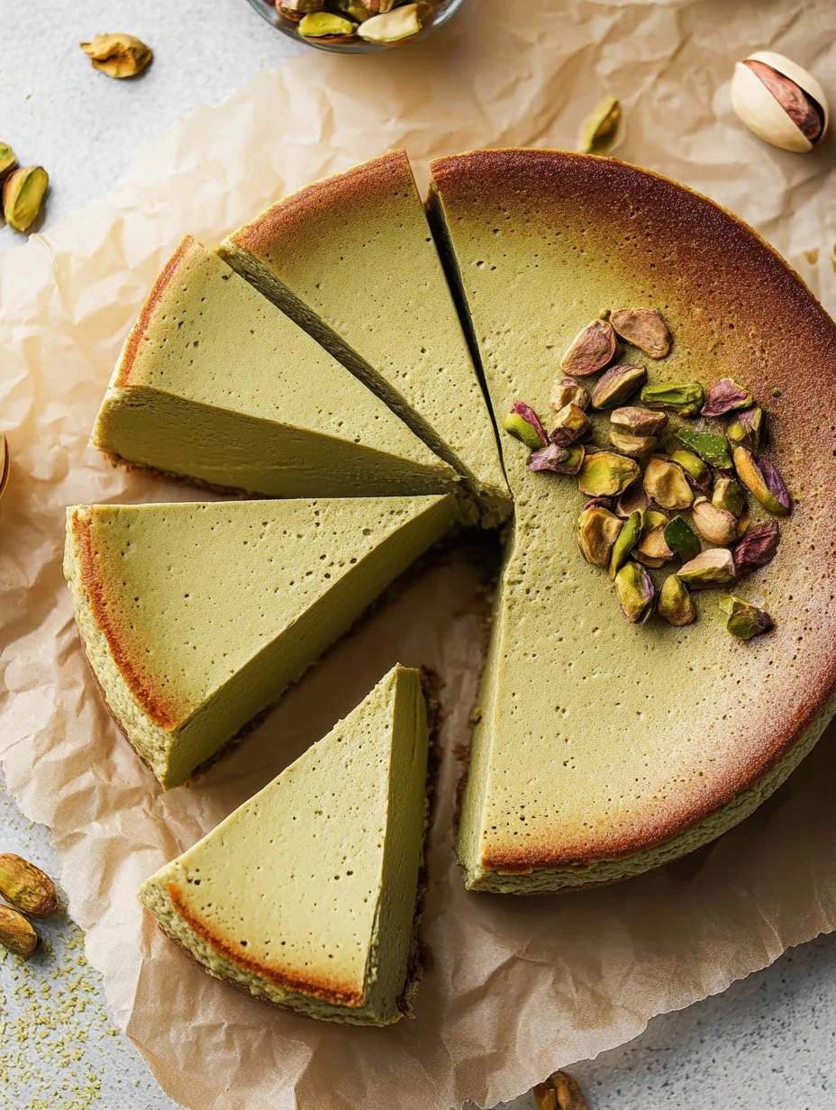 Tarta de queso de pistacho decorada con nueces y crema suave