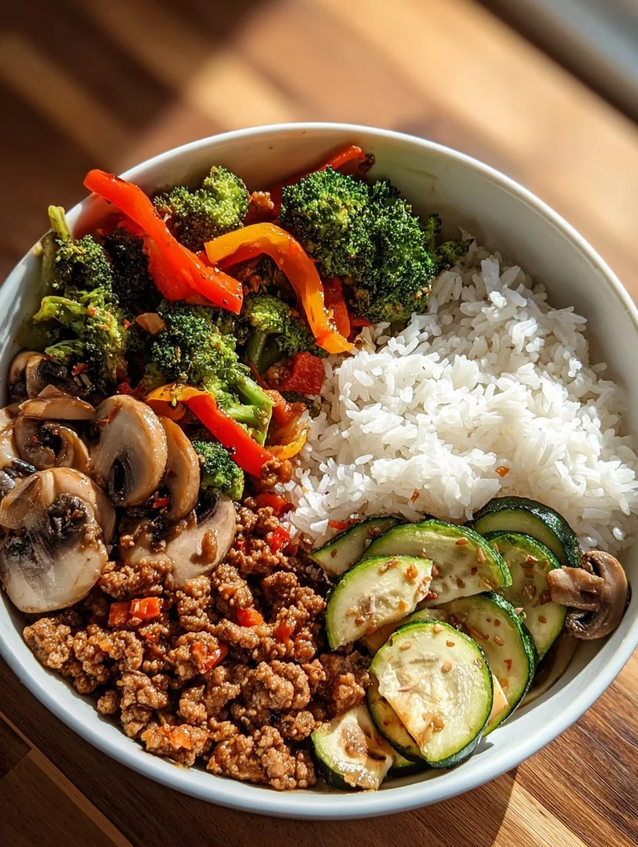 Tazón de salteado de carne molida picante con verduras al ajo y arroz