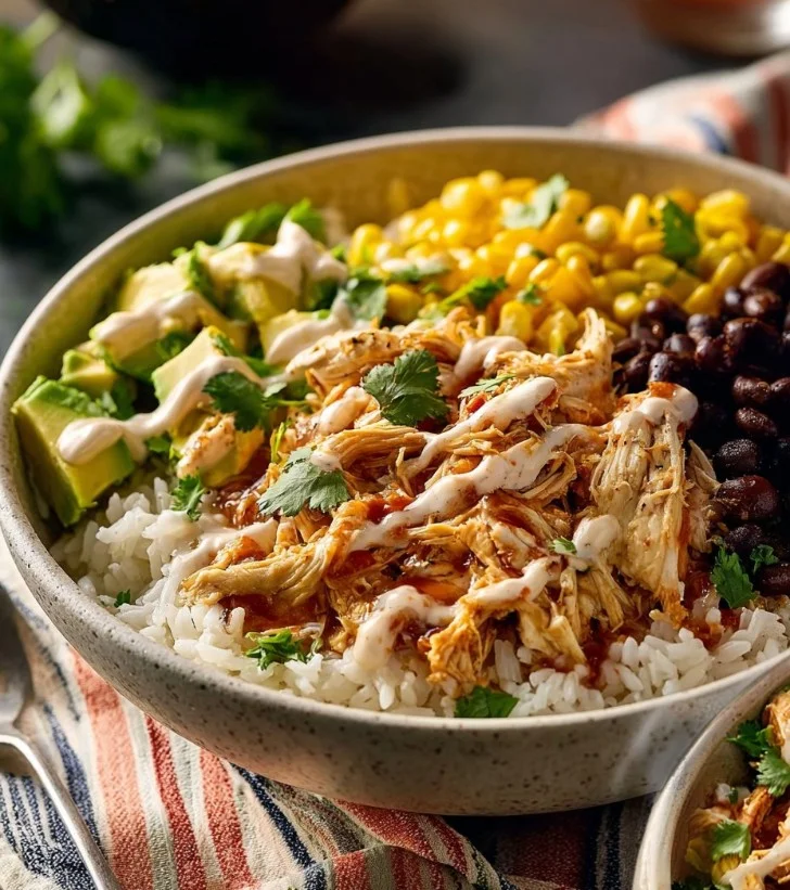 Bowl de burrito de pollo con ingredientes frescos y sabrosos