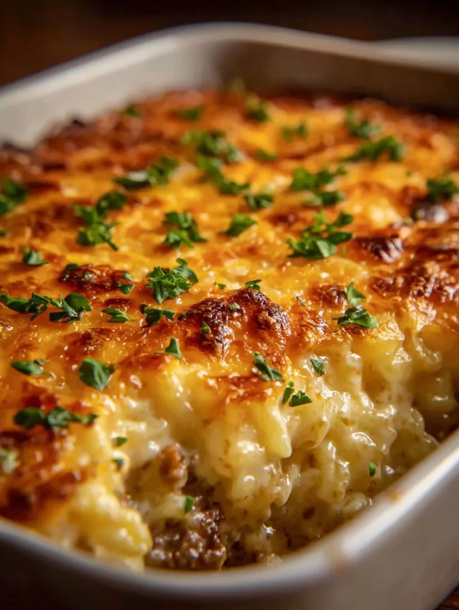 Cazuela de arroz con carne molida y queso, un plato sabroso y fácil de cocinar.