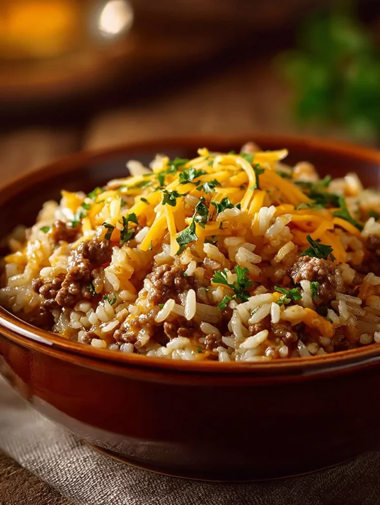 Cazuela de arroz con hamburguesa y queso en un plato