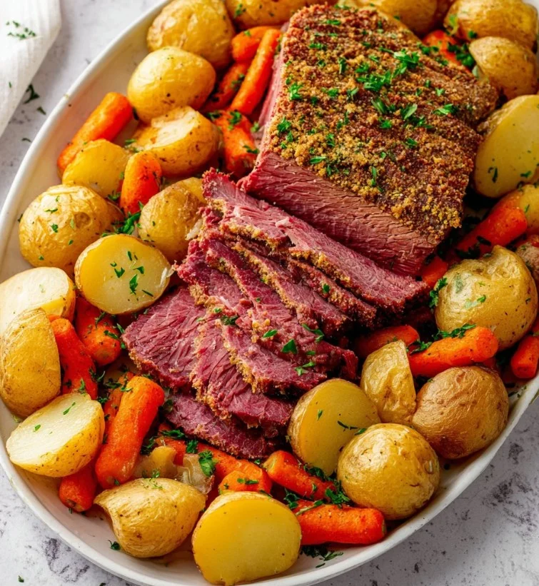 Brisket de res cocido lentamente en olla con guarniciones sabrosas