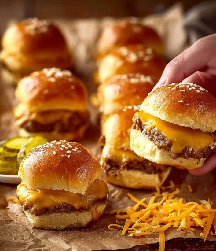Deliciosos cheeseburger sliders listos para servir en una bandeja.