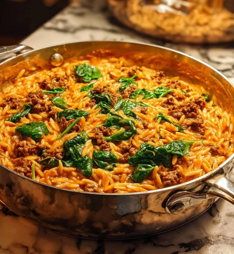 Guiso de carne molida y orégano con salsa de tomate y orzo en un plato.