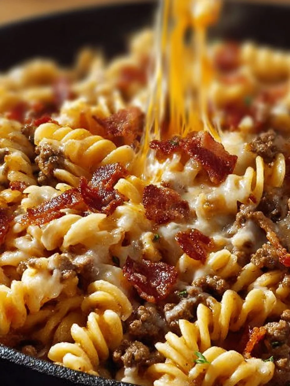 Pasta con Cheeseburger de Tocino Cargada lista para disfrutar