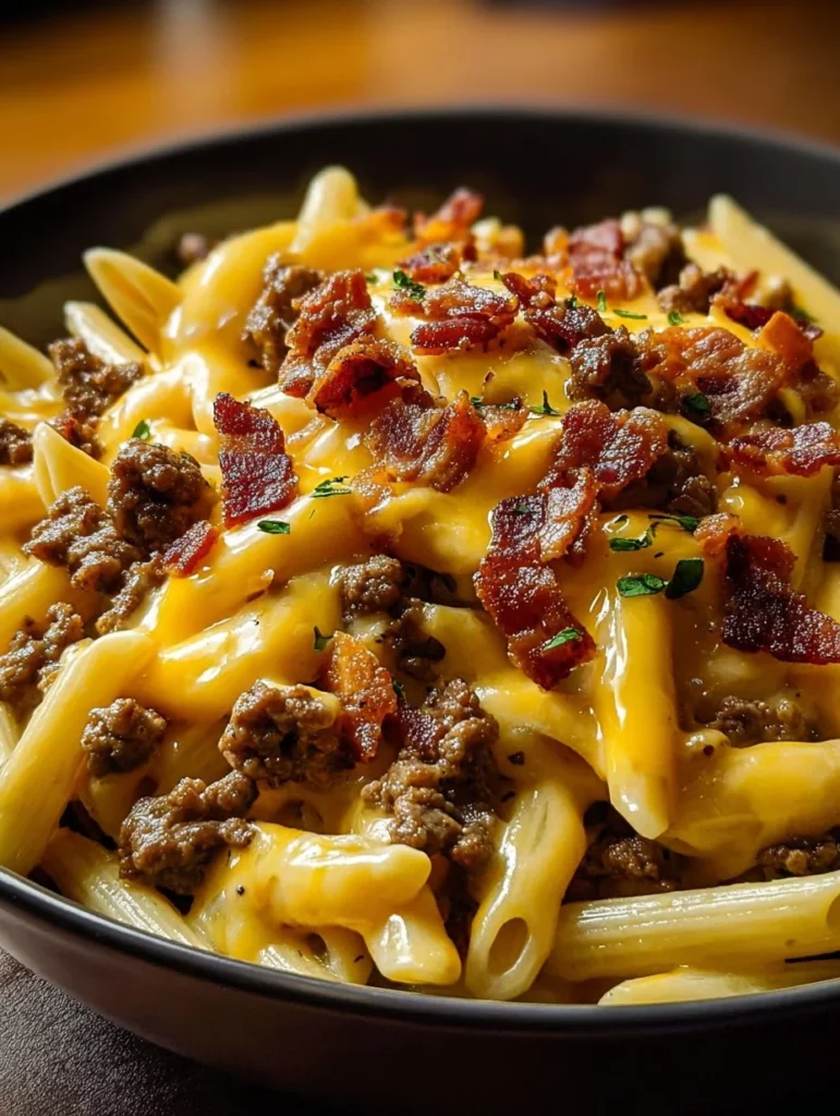 Pasta con hamburguesa, queso y tocino cargada en un plato.