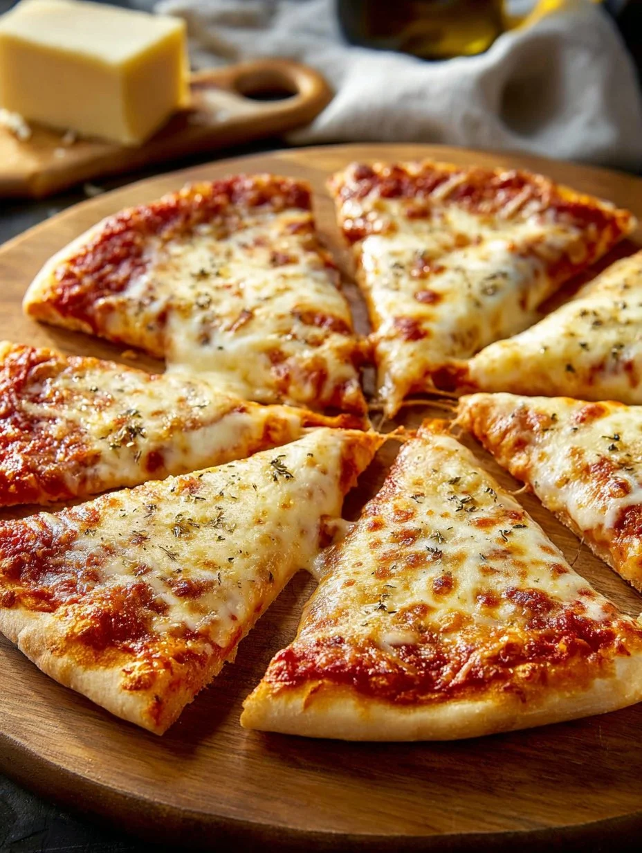 Pizza Cuatro Quesos con cuatro tipos de queso derretido sobre una base crujiente.