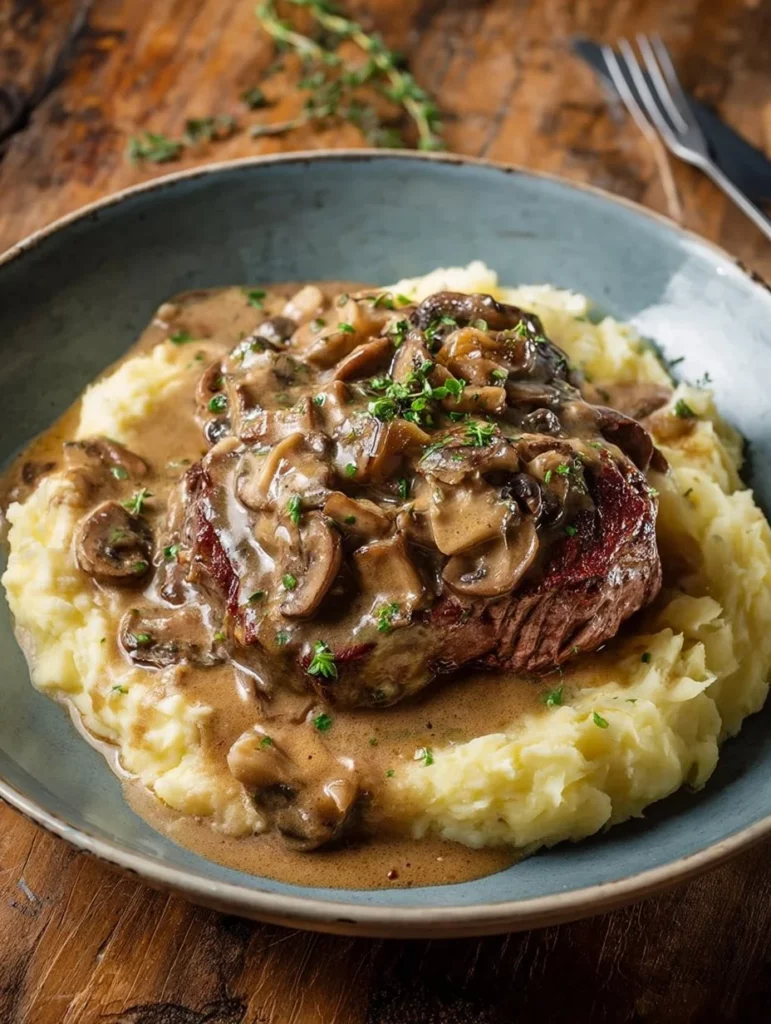 Plato de carne jugosa con salsa cremosa y champiñones