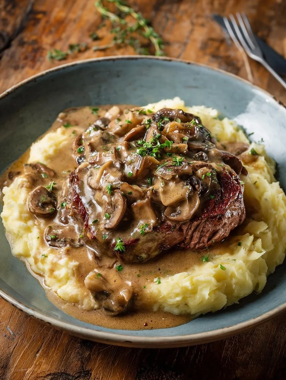 Plato de carne jugosa con salsa cremosa y champiñones