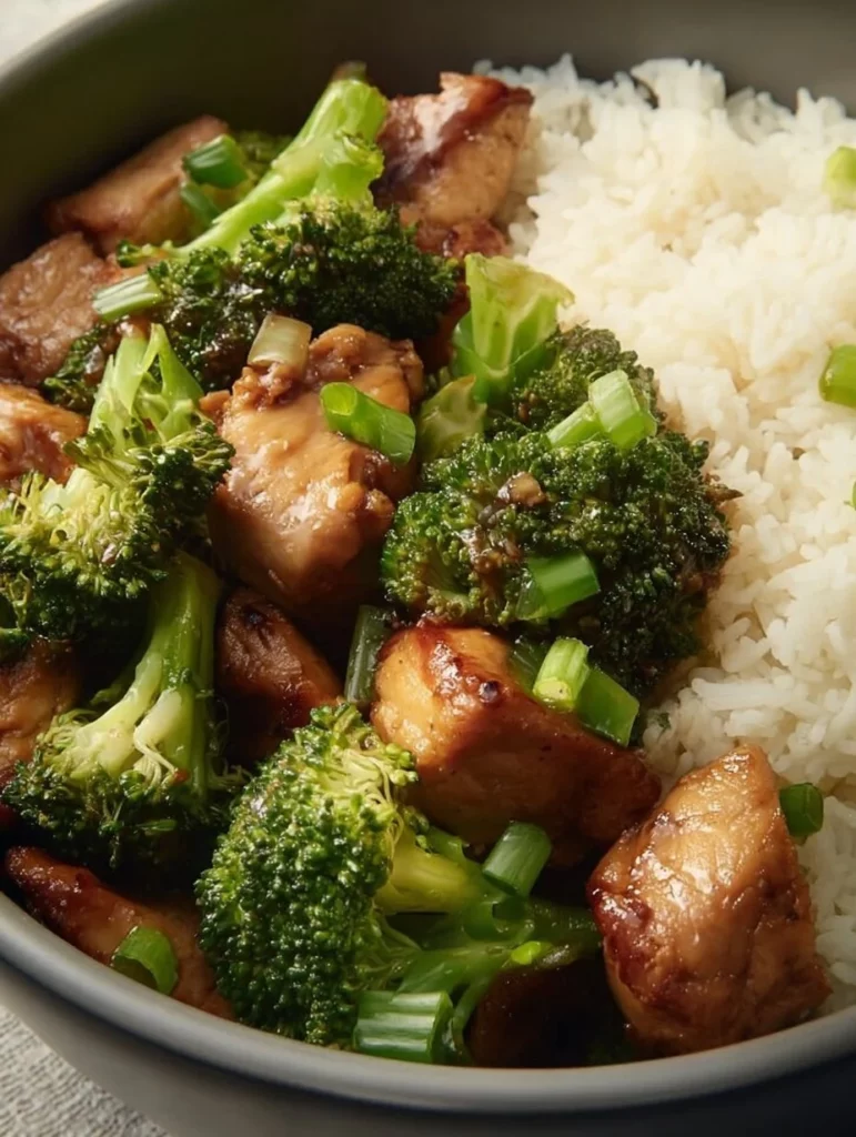 Plato de pollo con brócoli al vapor servido en un plato blanco.