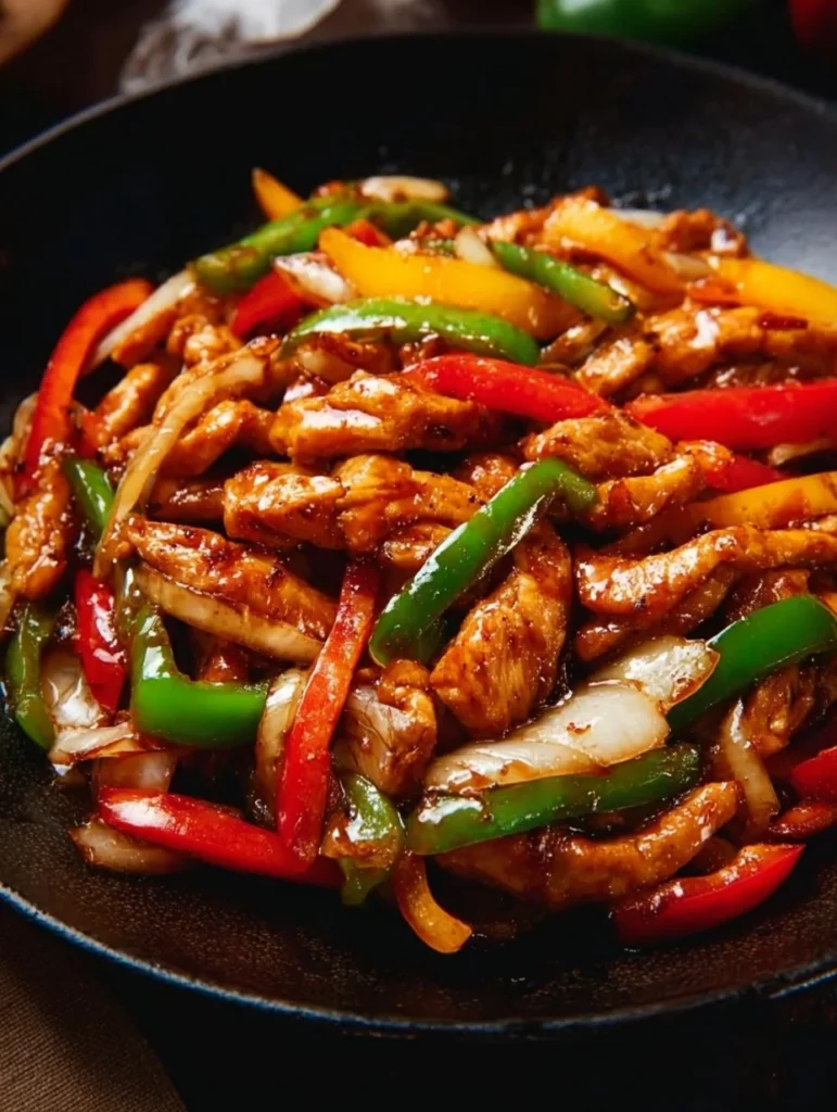 Plato de pollo con pimienta negra servido en una mesa