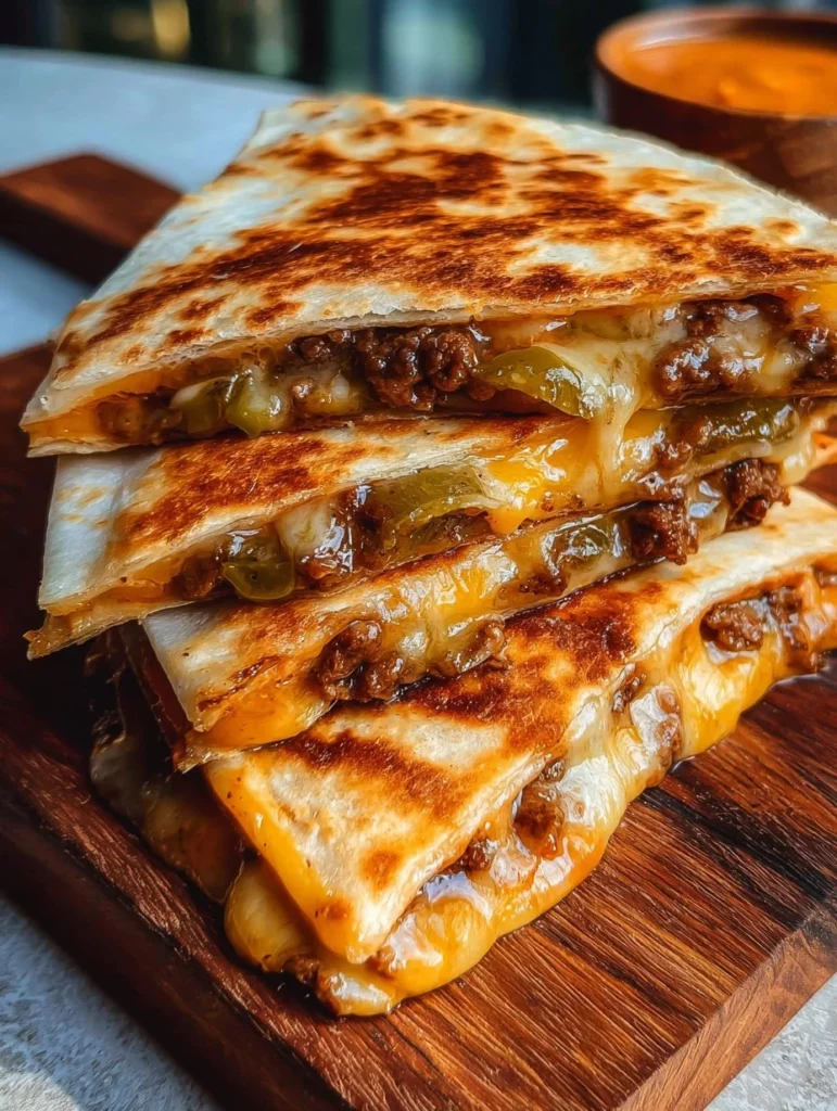 Quesadillas de cheeseburger con salsa de hamburguesa servidas en un plato.