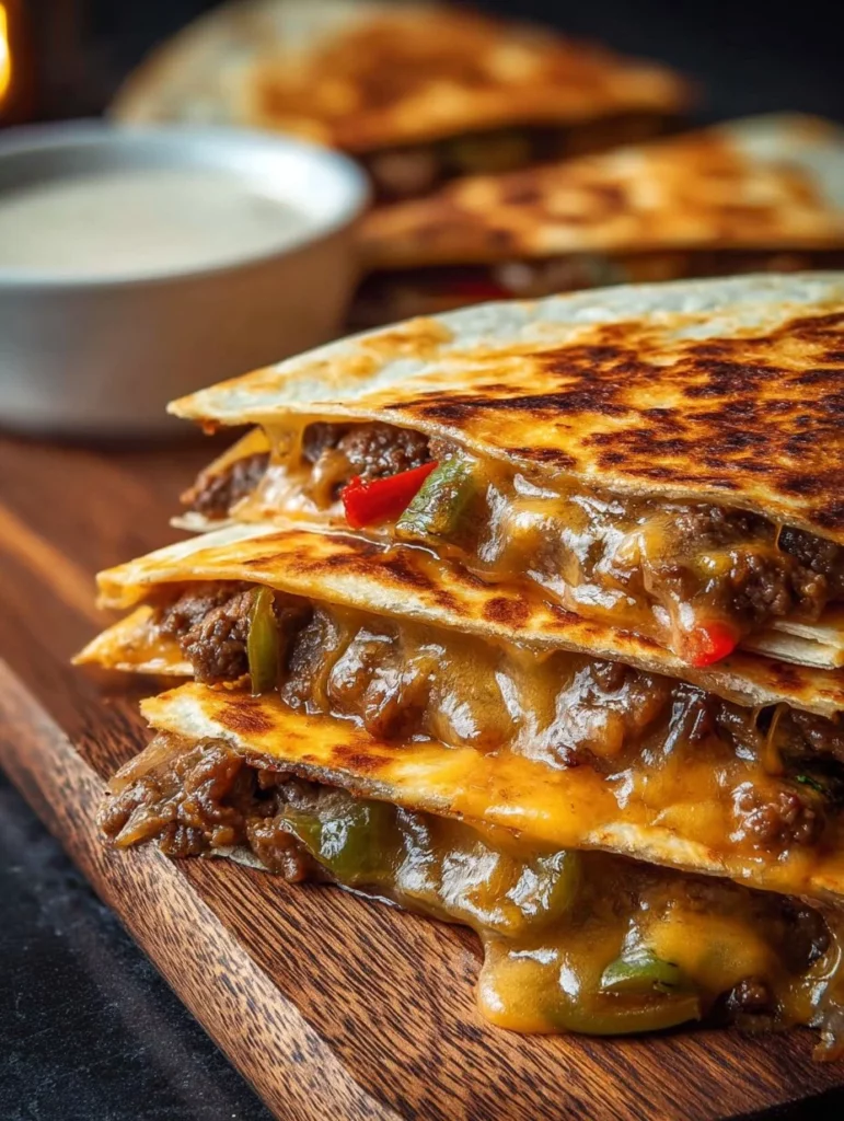 Quesadillas de cheeseburger con salsa de hamburguesa en un plato