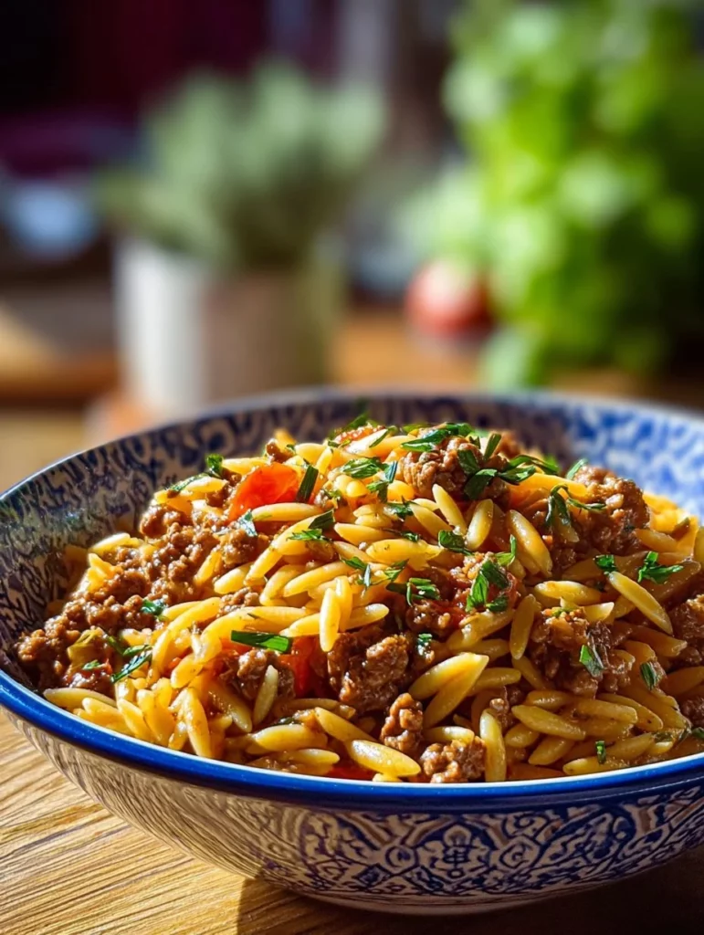 Plato de orzo con carne molida servido en un tazón