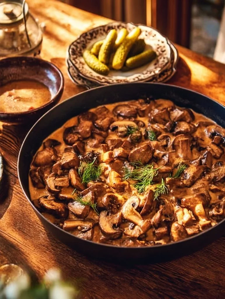 Plato de Stroganoff de Ternera Rusa servido en un palacio de nobles rusos