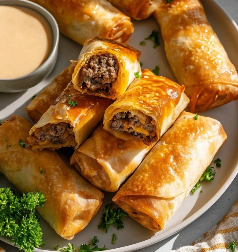 Rollitos de primavera rellenos de hamburguesa con queso derretido