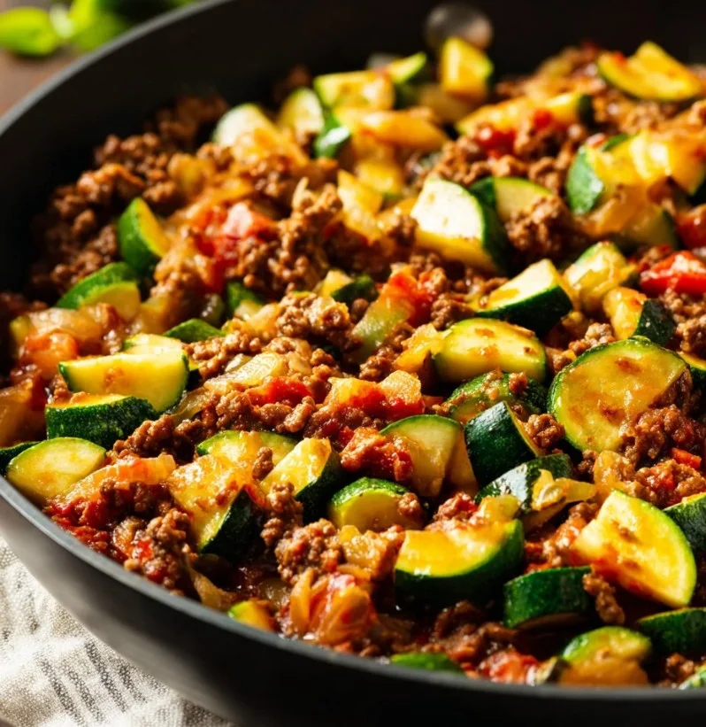 Salteado de carne de res y calabacín saludable en un plato colorido.