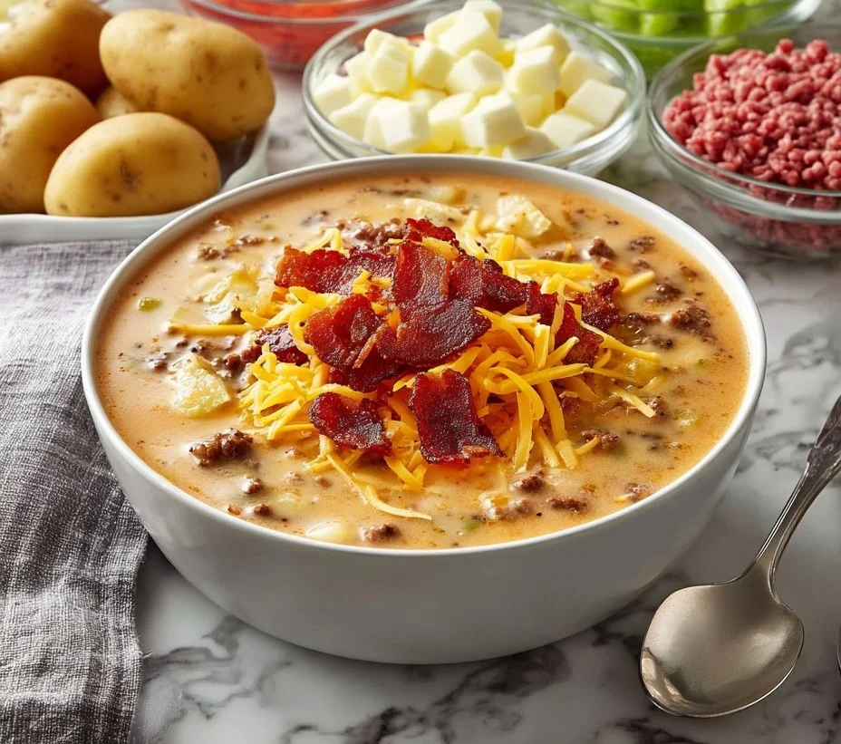 Sopa de Cheeseburger con ingredientes frescos en un tazón