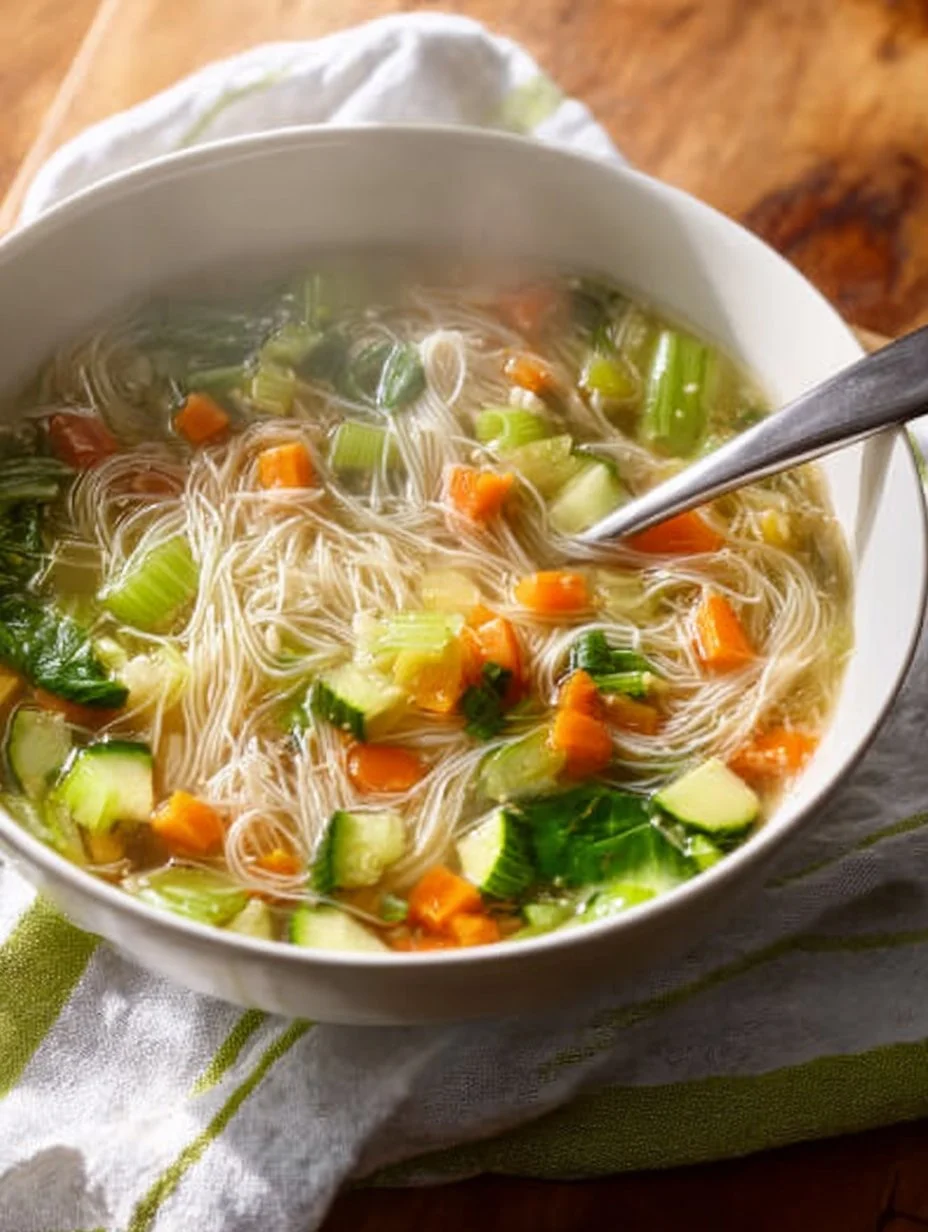 Sopa de fideos de verduras deliciosa y saludable