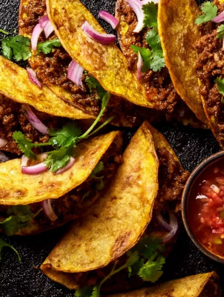 Tacos carnitas con carne molida crujiente servidos con salsa fresca.