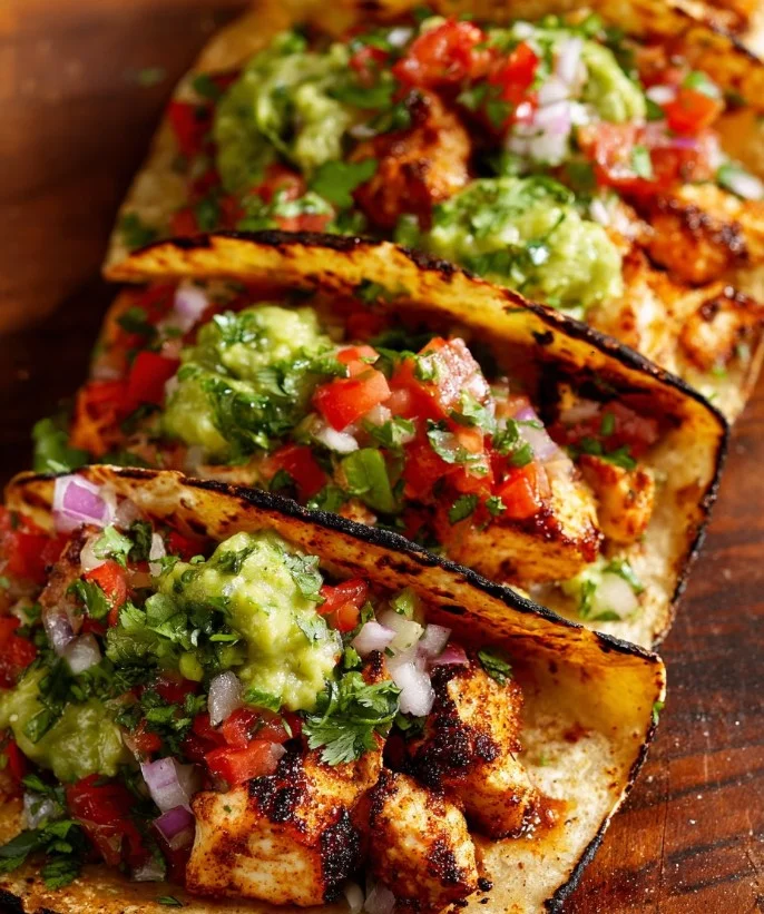 Deliciosos Tacos de Pollo Callejeros servidos con salsa y cilantro frescos.