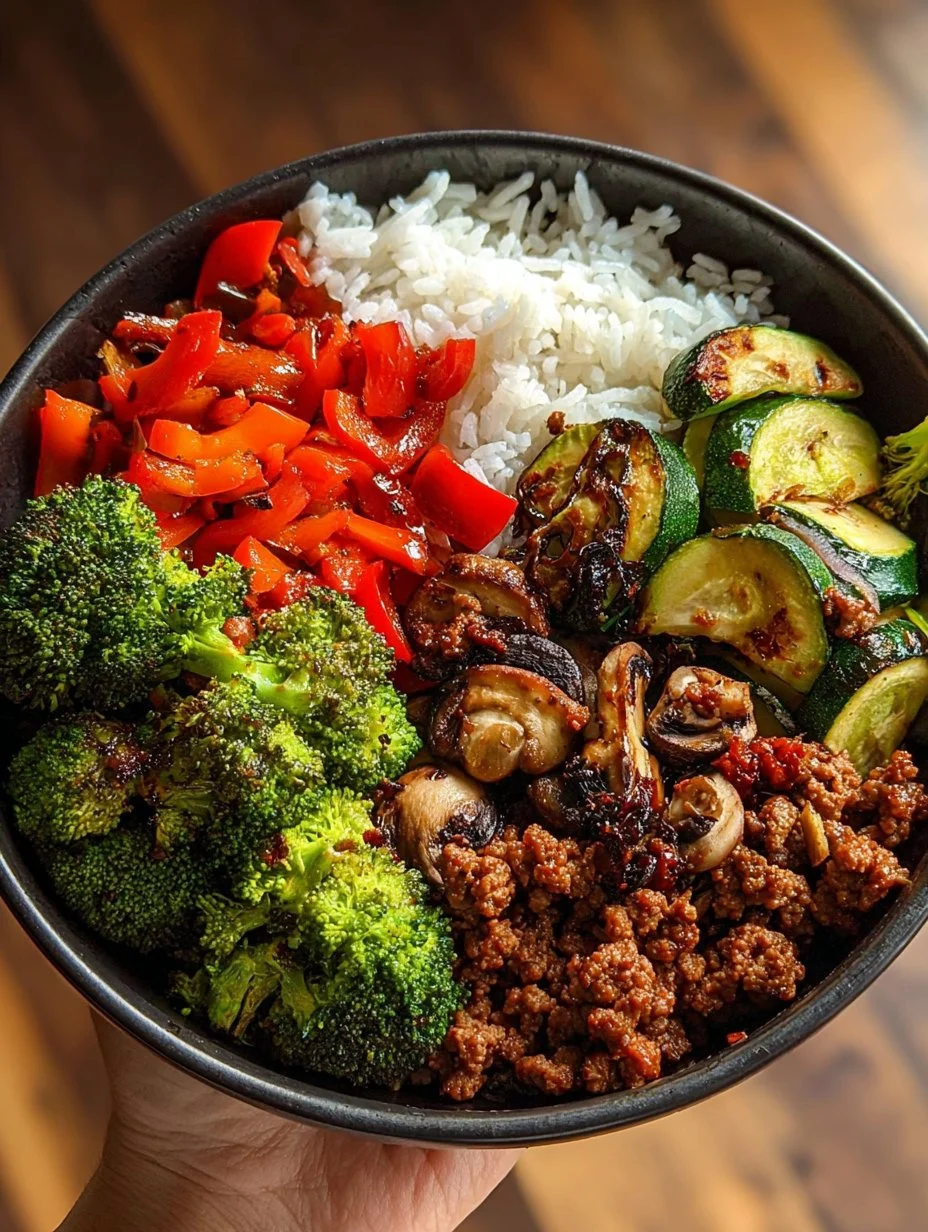 Tazón de salteado de carne molida picante con verduras al ajo y arroz